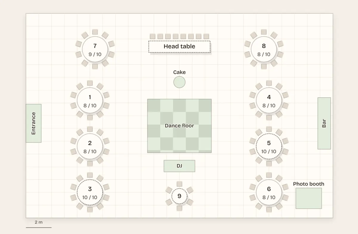 A 2D seating plan of a wedding reception: nine round tables, a head table, a dance floor, a bar and a photo booth.